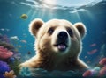 A cute brown bear cub swims underwater. AI generated. Royalty Free Stock Photo