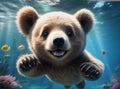 A cute brown bear cub swims underwater. AI generated. Royalty Free Stock Photo