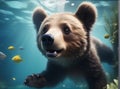 A cute brown bear cub swims underwater. AI generated. Royalty Free Stock Photo