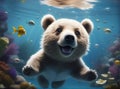 A cute brown bear cub swims underwater. AI generated. Royalty Free Stock Photo