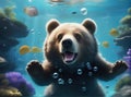 A cute brown bear cub swims underwater. AI generated. Royalty Free Stock Photo