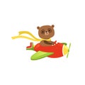 Cute brown bear flying on red plane. Funny aircraft pilot with scarf on neck. Flat vector design for children t-shirt Royalty Free Stock Photo