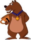 Cute brown bear holding gold medal