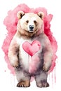 Cute brown bear with a red heart. Watercolor illustration. Great for print t-shirt, poster and kids envelope, postcard