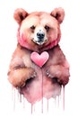 Cute brown bear with a red heart. Watercolor illustration. Great for print t-shirt, poster and kids envelope, postcard