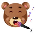 Cute brown bear singing karaoke, illustration, vector