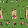 Cute brown bears and bees, flowers - seamless pattern on dark green background Royalty Free Stock Photo