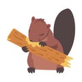 Cute Brown Beaver Gnawing Log, Rodent Wild Mammal Animal Cartoon Vector Illustration Royalty Free Stock Photo