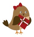 Cute Brown Bird with Bow Holding Christmas Gift Box. Vector Cute Christmas Bird