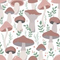 cute brown boletus edible mushrooms. seamless pattern