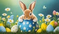 Cute brown bunny inbetween colorful Easter eggs on grass with flowers Royalty Free Stock Photo