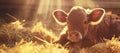 Cute Brown Calf, Jersey Baby Cow Lying On Amidst Hay, Straw In Wooden Barn With Sunlight Royalty Free Stock Photo