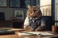 A cute brown cat sits in the office as a director. Generation AI