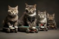 Cute brown cats stand on the skateboards and ready to play skateboarding.