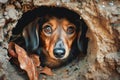 Cute brown dachshund looking out of a rabbit hole. Royalty Free Stock Photo