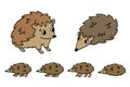 Cute brown doodle cartoon hedgehog family of six. Vector outline isolated hand drawn animals. Illustration of male, female, baby