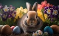 A cute brown easter bunny among painted multicolor eggs and flowers in a garden copy space generative AI