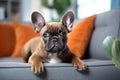 Cute brown french bulldog lies on soft gray sofa on blurred living room background