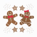 Cute brown gingerbread girl and boy couple cookies set with red bows and stars on white
