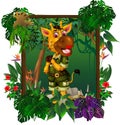 Cute Brown Giraffe In Forest With Tropical Plant and Flower Cartoon
