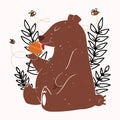 Cute brown grizzly bear on a beige background. Teddy sits and eats honey from the hive, bees are flying around. Organic Honey Prod