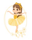 Cute Brown Hair Ballerina Girl Dancing. Little Caucasian Girl in Yellow Tutu Dress and Pointe. Vector, Royalty Free Stock Photo