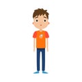 The cute brown-haired boy in blue pants standing with a surprised face. Vector illustration in flat cartoon style.