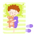 The cute brown-haired little boy lovely sleeping with a teddy bear in green bed top view. Vector illustration in flat Royalty Free Stock Photo