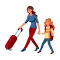 Cute brown-haired woman with a daughter carries a red travel stroller suitcase. Vector illustration in flat cartoon