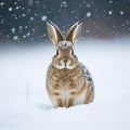 Cute brown hare (Lepus europaeus) standing in snow