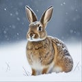 Cute brown hare (Lepus europaeus) standing in snow