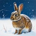 Cute brown hare (Lepus europaeus) standing in snow