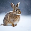 Cute brown hare (Lepus europaeus) standing in snow