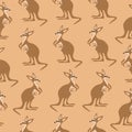 Cute brown kangaroo with little child and red hearts. Adorable animals character mom and baby. Childish seamless pattern.
