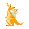 Cute Brown Kangaroo Marsupial Character with Joey Sitting in the Bag Vector Illustration