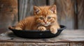 Cute brown kitten perched on a black plate, capturing a charming moment, Ai Generated Royalty Free Stock Photo