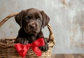 Cute brown labrador puppy with red bow in basket, rustic brick wall on background