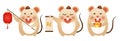 Cute brown mice holding lantern, couplet and gold ingot. Chinese word meaning: wealth.