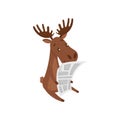 Cute brown moose reading newspaper. Wild forest animal. Eurasian elk with large branched horns. Flat vector design