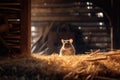 Cute brown mouse is wandering around a farm hangar. Generative AI