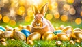 Cute brown orange bunny in the grass inbetween of golden and turquoise Easter eggs Royalty Free Stock Photo