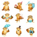 Cute Brown Owl Everyday Activities Icon Set Royalty Free Stock Photo