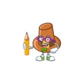 Cute brown pilgrim hat in student holding pencil mascot.