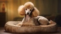Cute brown poodle is located on a warm pillow, in a cozy home environment. Relaxation, peace and relaxation after a walk. Warm