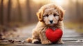 cute brown puppy holding red heart in paws outdoors