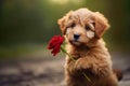 cute brown puppy holding red rose in paws outdoors with green background