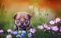 Brown puppy is sitting on a green sunny meadow surrounded by blue flax and pink flowers