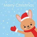 Cute rabbit card. Santa Claus hat on bunny vector illustration. New Year square banner with smiling bunny. Winter holiday package