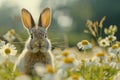 Cute Brown Rabbit Sitting Among White Daisy Flowers in a Sunlit Field with Soft Bokeh Background Royalty Free Stock Photo