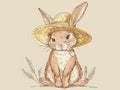 A cute brown rabbit wearing a straw hat sits in a field of grass Royalty Free Stock Photo
